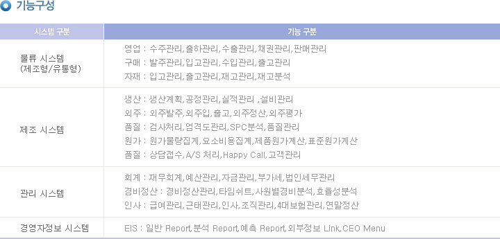 기능구성
물류 시스템(제조형/유통형) : 영업 : 수주관리,출하관리,수출관리,채권관리,판매관리
						 	 구매 : 발주관리,입고관리,수입관리,출고관리
							 자재 : 입고관리,출고관리,재고관리,재고분석		

제조 시스템 : 생산 : 생산계획,공정관리,실적관리 ,설비관리
			  외주 : 외주발주,외주입,출고,외주정산,외주평가
			  품질 : 검사처리,엄격도관리,SPC분석,품질관리
			  원가 : 원가물량집계,요소비용집계,제품원가계산,표준원가계산
			  품질 : 상담접수,A/S 처리,Happy Call,고객관리

관리 시스템 : 회계 : 재무회계,예산관리,자금관리,부가세,법인세무관리
			  경비정산 : 경비정산관리,타임쉬트,사원별경비분석,효율성분석
			  인사 : 급여관리,근태관리,인사,조직관리,4대보험관리,연말정산		
			   
경영자정보 시스템 : EIS : 일반 Report,분석 Report,예측 Report,외부정보 Link,CEO Menu